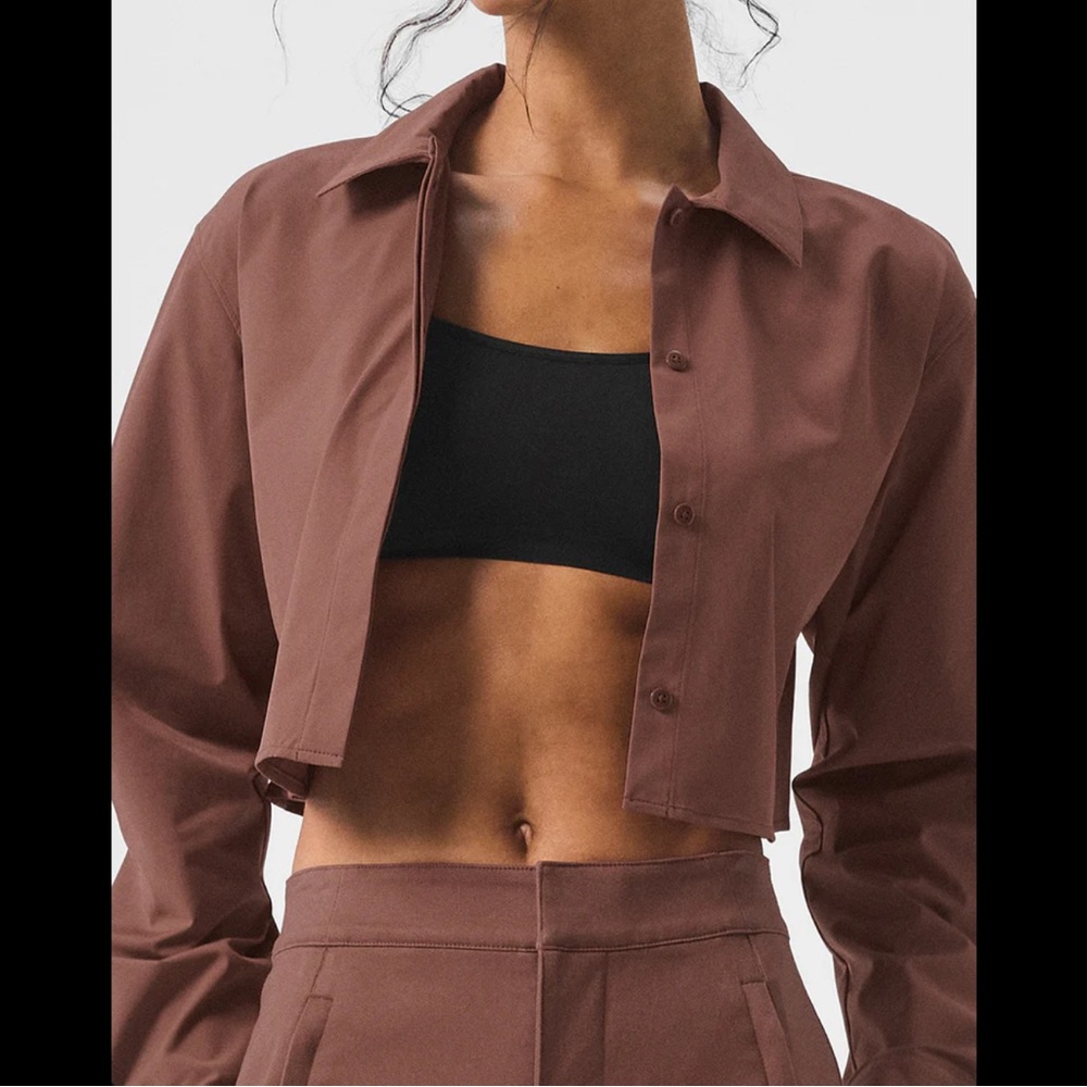Alo Yoga Cropped Take Me Out Button-Up in Chestnut - Picture 2 of 7
